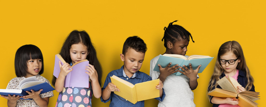 5 kids standing and reading books against a yellow background